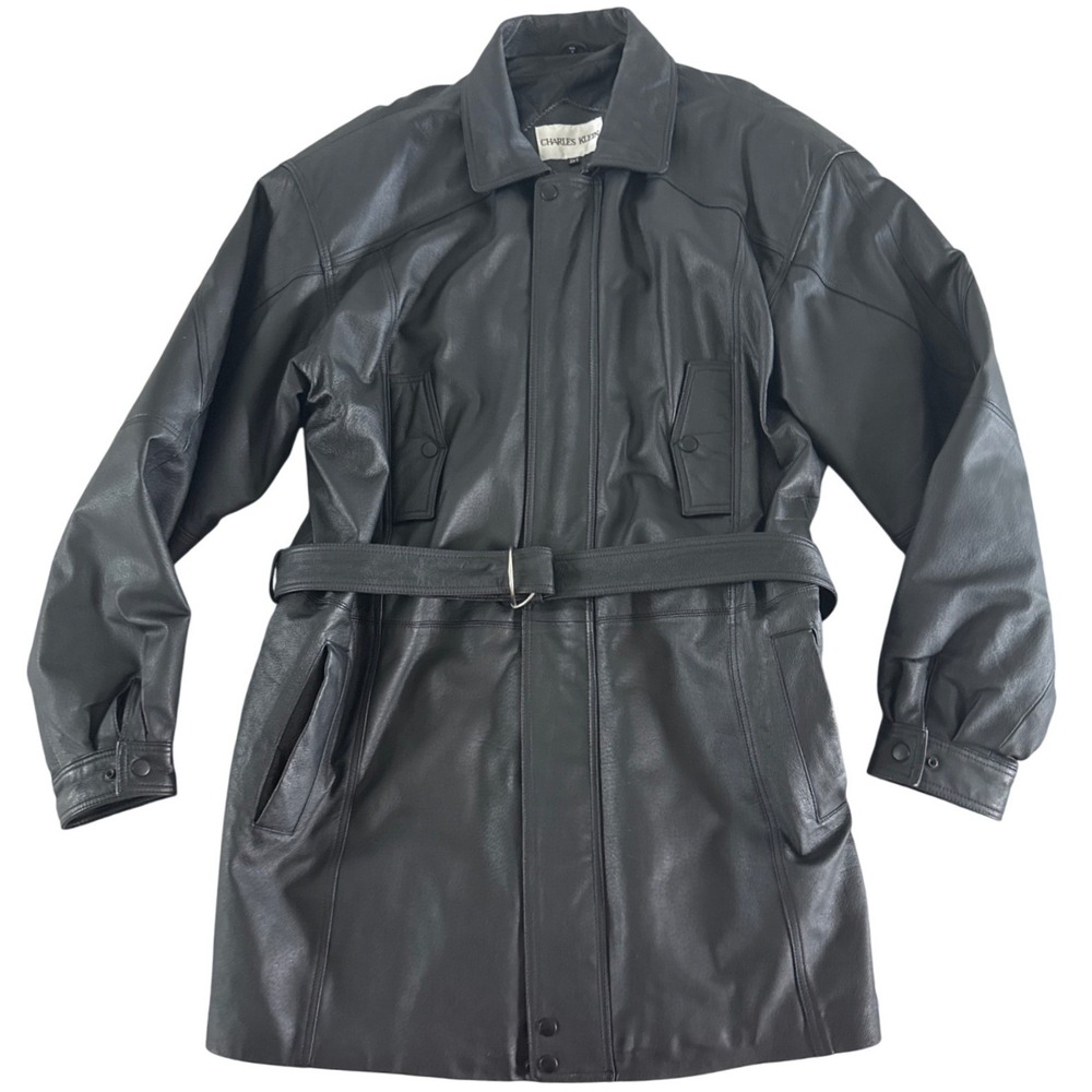 Vintage Charles Klein Leather Trench Coat Mens 2XT Black Belted Big Tall 80s 90s